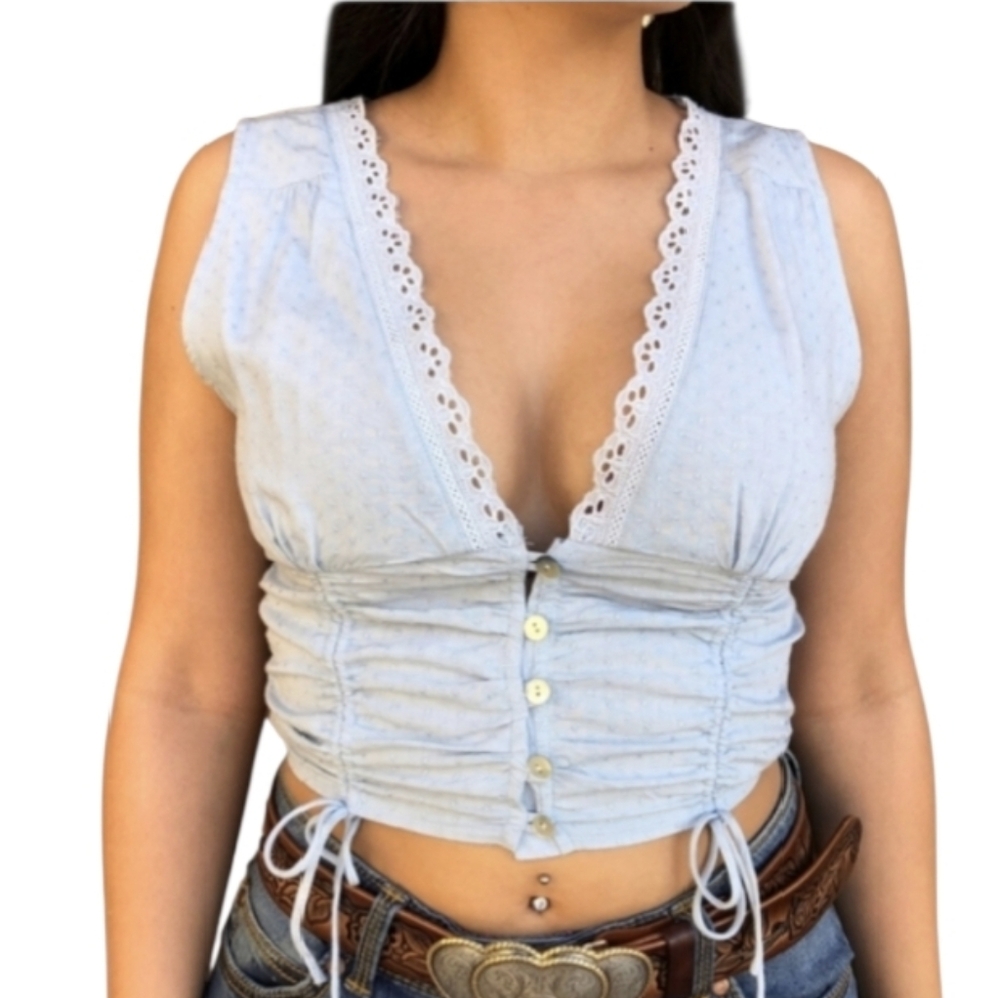 O. Vianca Sky Blue Sleeveless Button-Down Blouse Cropped Boho Coastal Cowgirl